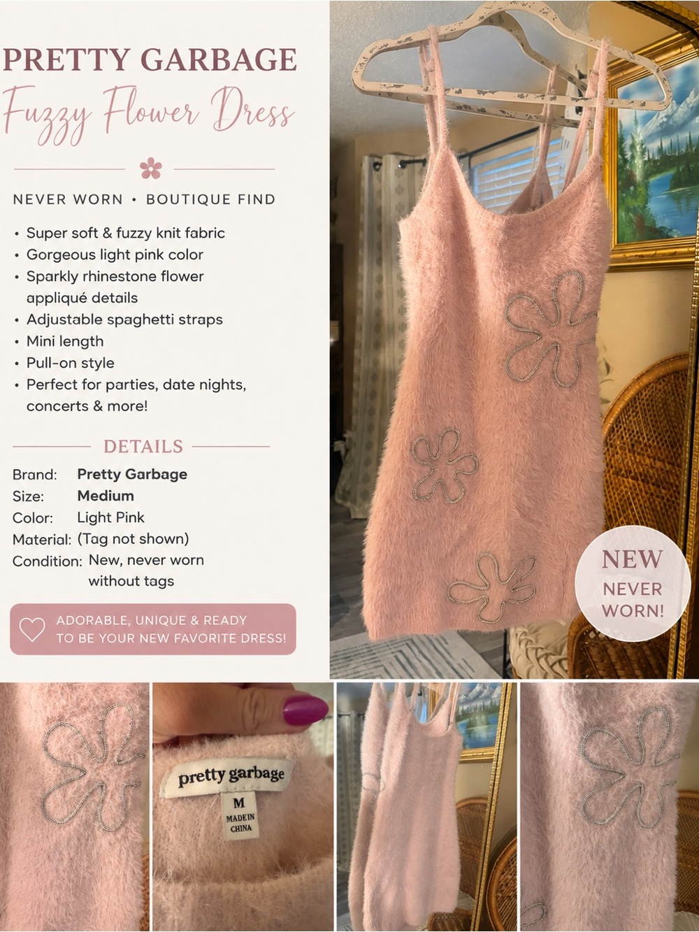 Pretty Garbage Fuzzy Flower Mini Dress — Light Pink
